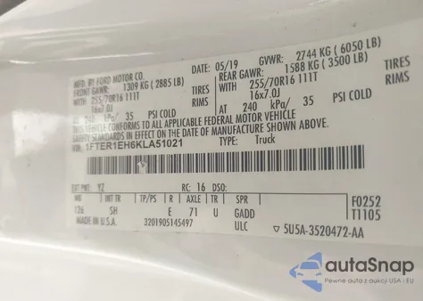 2019 Ford Ranger Xl z USA, uszkodzony, nr VIN 1FTER1EH6KLA51021